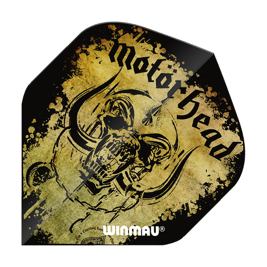 Das Bild zeigt einen Dart-Flügel mit dem Schriftzug "Motörhead" und einem auffälligen Totenkopf-Design. Unten steht das Logo "Winmau" auf einem gelb-schwarzen, gesprenkelten Hintergrund.