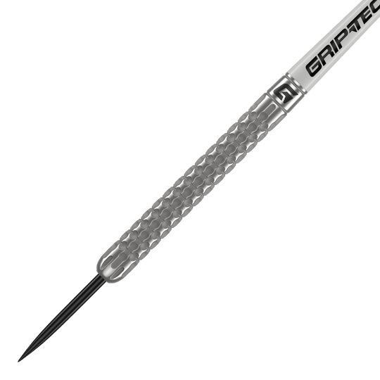 Fléchettes GOAT Fairway V1 en acier tungstène Das Bild zeigt einen GOAT Fairway V1 Tungsten Steeldart. Der Dart hat eine silberne, strukturierte Oberfläche und eine schwarze Spitze.