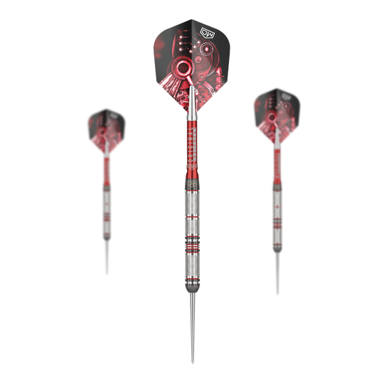 Fléchettes en acier DW Piranha Razor 01 Das Bild zeigt drei Steeldarts des Produkts "DW Piranha Razor 01". Die Darts haben silberne Griffe mit roten Akzenten und Flights mit einem roten Zahnrad-Motiv.