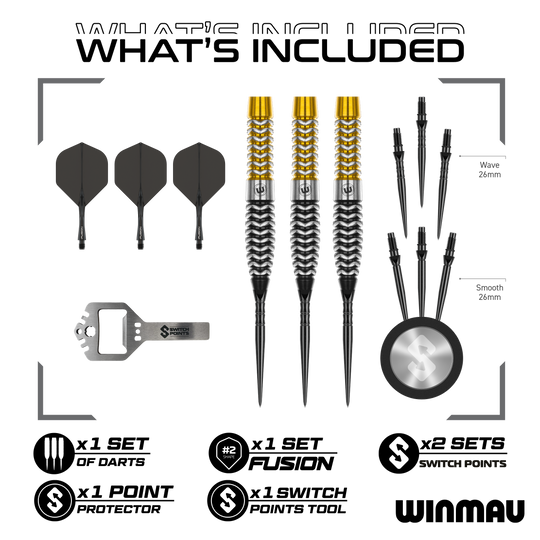 Auf dem Bild ist wahrscheinlich ein Winmau Exion Torpedo Switch Points Steeldarts aus einer weiteren Ansicht zu sehen. Es illustriert ein Darts-Produkt.