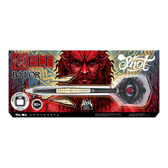 Fléchettes souples Shot Celt Balor Die Abbildung zeigt die „Shot Celt Balor Softdarts“ in ihrer Verpackung. Auf der Verpackung ist ein auffälliges, rotes Fantasy-Gesicht im Hintergrund zu sehen.