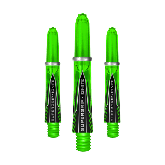 Das Bild zeigt drei grüne Harrows Supergrip Ignite Shafts. Sie sind transparent und tragen den Aufdruck "SUPERGRIP IGNITE".
