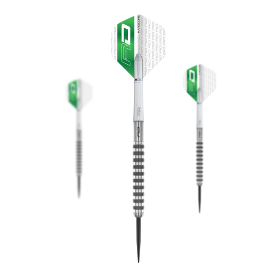 Fléchettes en acier Red Dragon Javelin Speedline Das Bild zeigt drei Steeldarts des Produkts "Red Dragon Javelin Speedline". Die Darts haben silberne Spitzen und grün-weiße Flights mit dem RD-Logo.