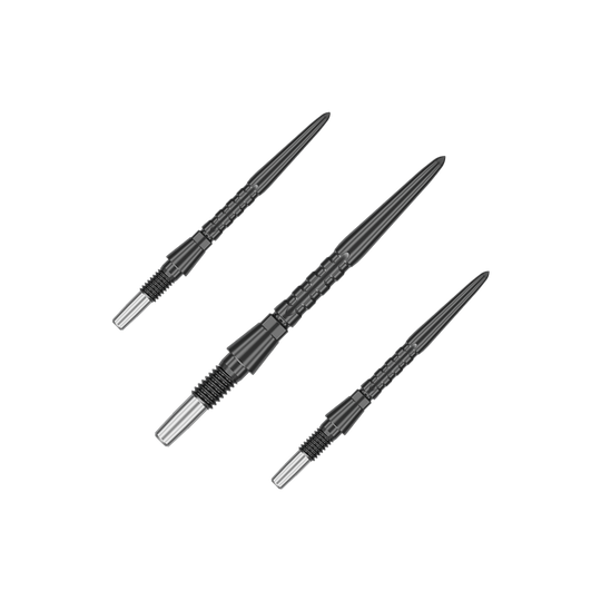 Pointes de fléchettes en acier Target Swiss Point Storm Surge - Noires Das Bild zeigt drei schwarze Steeldartspitzen, die parallel angeordnet sind. Sie haben eine metallische Aufnahme am hinteren Ende und eine strukturierte Oberfläche.