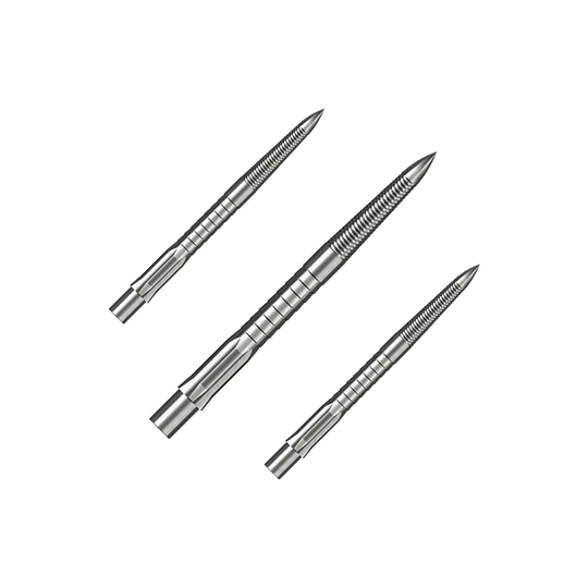 Pointes de fléchettes en acier Caliburn System - Micro Grip - Argent Das Bild zeigt drei silberne Steeldartspitzen mit feinem Micro-Grip. Sie sind 28 mm lang und sauber nebeneinander angeordnet.