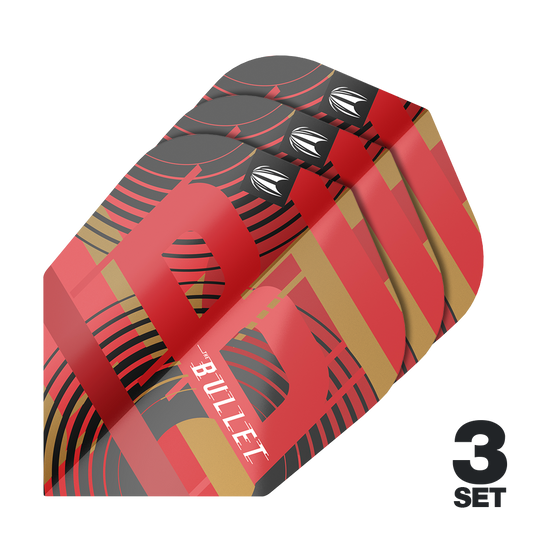 Ailettes Target Pro Ultra Stephen Bunting GEN5 No6 - 3 jeux Das Bild zeigt drei Sätze der Target Pro Ultra Stephen Bunting GEN5 No6 Flights. Die Flights sind rot, schwarz und gold gefärbt und tragen das Wort "BULLET".