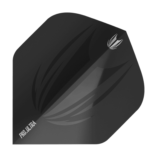 Das Bild zeigt das Produkt "Target ProUltra ID Black No2 Standard Flights". Es handelt sich um ein schwarzes Dart-Flügel mit dezentem Muster und weißem "PRO ULTRA"-Schriftzug.