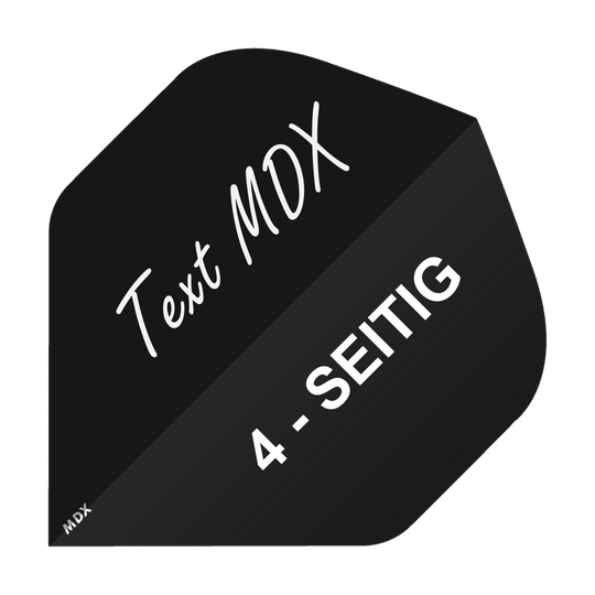 4-Seitig_Bedruckte_Flights_Wunschtext_MDX_Schwarz_Standard_1 Das Bild zeigt ein schwarzes Flight, das mit weißer Schrift bedruckt ist. Auf dem Flight steht „Text MDX“ und „4-SEITIG“.