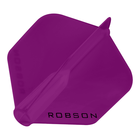 Vols Robson Plus - Standard Das Bild zeigt ein violettes Dartflight mit sechseckiger Form. Auf dem Flight steht das Wort "ROBSON" in schwarzen Buchstaben.