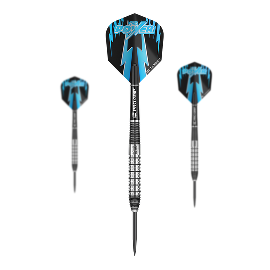 Das Bild zeigt drei Steeldarts des Produkts "Target Phil Taylor Power 8Zero 2". Die Darts haben schwarze und blaue Flights mit dem Schriftzug "The Power" und silberne, griffige Barrels.