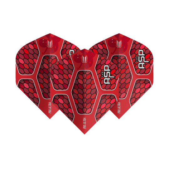 Auf dem Bild sind drei rote Dart-Flights mit Wabenmuster und der Aufschrift "THE ASP" sowie "PRO ULTRA" zu sehen. Es handelt sich um das Produkt "Target ProUltra Nathan Aspinall Red No2 Standard Flights".