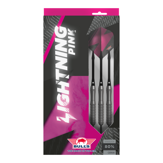 Fléchettes en acier Bulls NL Lightning Pink Das Bild zeigt eine Verpackung der "Bulls NL Lightning Pink Steeldarts". Die Darts sind in Schwarz und Pink gestaltet und haben einen Stahlspitze.