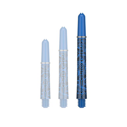 Tiges Target Pro Grip Ink - 3 jeux - Bleues Auf dem Bild sind drei blaue Dartschäfte in unterschiedlichen Längen zu sehen. Sie tragen die Aufschrift "Pro Grip" und haben ein auffälliges Muster.
