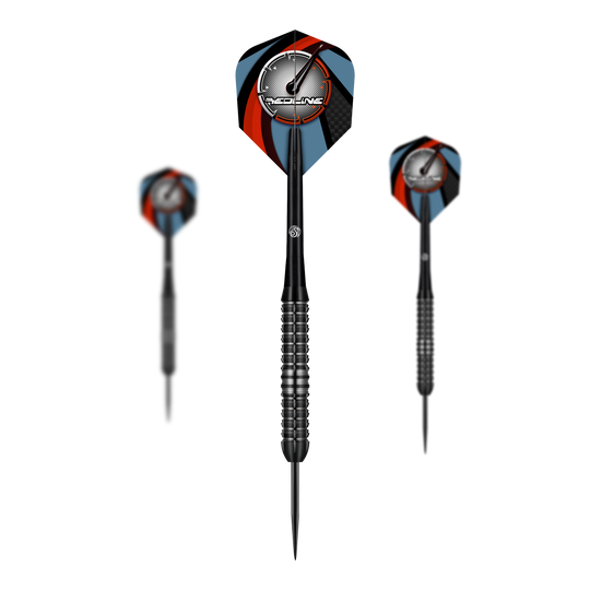 Fléchettes Shot Redline Blazed Steel Das Bild zeigt drei Steeldarts des Produkts "Shot Redline Blazed". Die Flights sind mit einem schwarz-roten und blauen Muster sowie dem Redline-Logo gestaltet.