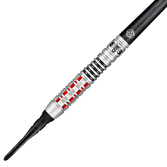 Shot Michael Smith Croyez aux fléchettes souples Das Bild zeigt einen Shot Michael Smith Believe Softdart. Der Dart hat ein silbernes Design mit roten und schwarzen Akzenten.