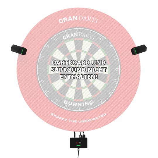 Das Bild zeigt das GranDarts GranEye Steeldart Auto-Scoring-System mit Kameras und einer Steuereinheit. In der Mitte steht der Hinweis: "Dartboard und Surround nicht enthalten!"