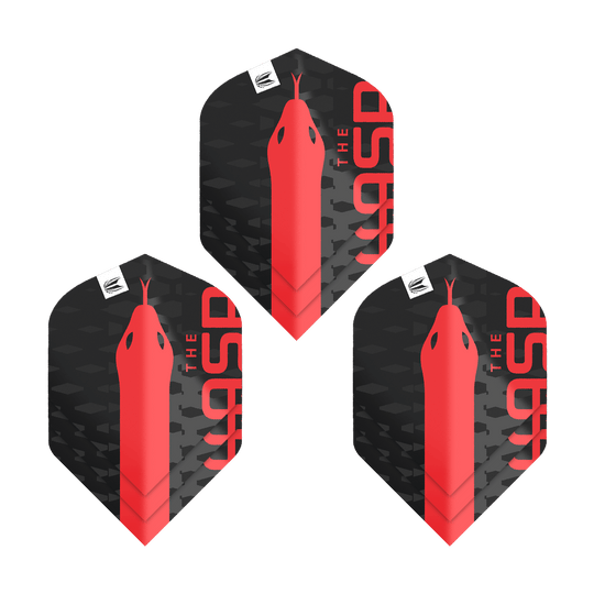 Ailettes Standard Target Pro Ultra Nathan Aspinall No2 - 3 jeux Das Bild zeigt drei schwarze Dart-Flights mit einem roten Schlangenkopf und der Aufschrift "THE ASP". Es handelt sich um das Produkt "Target Pro Ultra Nathan Aspinall No2 Standard Flights - 3 Sets".