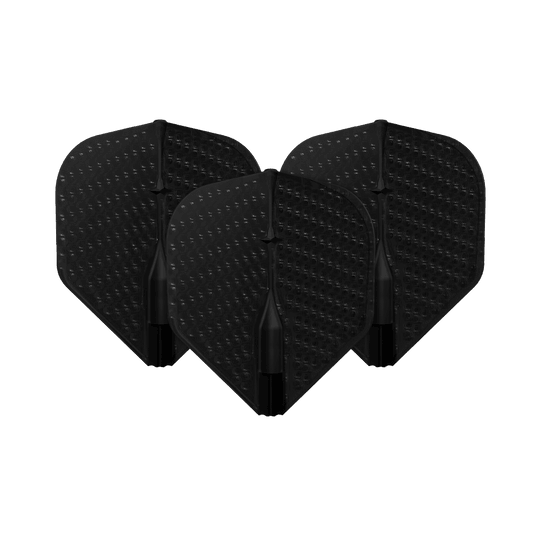 Vols L-Style Champagne à fossettes L1EZ Standard Auf dem Bild sind drei schwarze Dart-Flights mit Dimple-Oberfläche zu sehen. Sie stehen nebeneinander und sind identisch geformt.