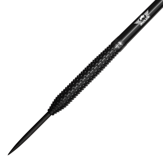 Fléchettes Bulls NL Shark Pro en acier noir Das Bild zeigt einen schwarzen Steeldart mit einer strukturierten Griffzone. Auf dem Dart ist das Bulls NL Logo zu sehen.