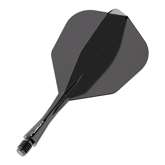 Système d'arbre de vol Winmau Fusion No6 Noir Das Bild zeigt ein schwarzes Dart Flight-Schaft-System. Es trägt den Schriftzug "FUSION" auf dem Schaft und hat eine glänzende Oberfläche.