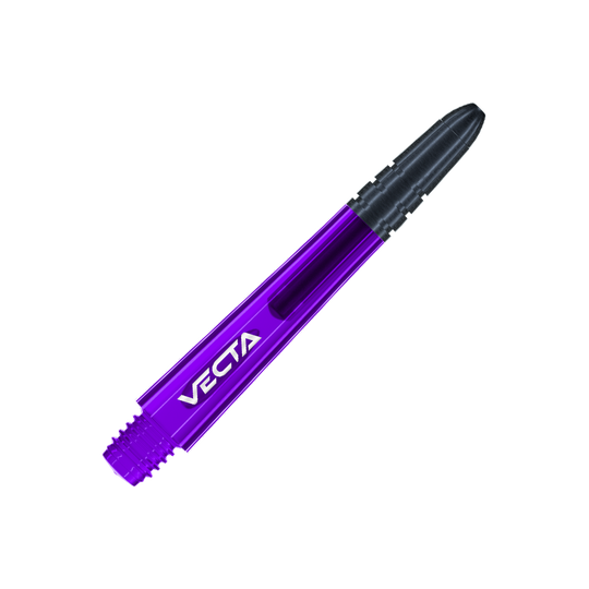Tiges Winmau Vecta - Violet Noir Das Bild zeigt einen lila und schwarzen Dart-Schaft mit der Aufschrift "VECTA". Der Schaft hat ein glattes, modernes Design und misst 37 mm.