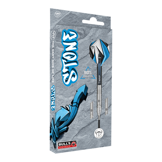Fléchettes en acier Bulls Stone S1 Das Bild zeigt die Verpackung der "Bulls Stone S1 Steeldarts". Die Darts bestehen zu 90% aus Tungsten und haben ein modernes, blau-graues Design.