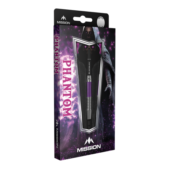 Fléchettes souples en laiton Mission Phantom - 18 g Die Abbildung zeigt die Mission Phantom Brass Softdarts mit einem Gewicht von 18g. Die Verpackung ist lila-schwarz gestaltet und zeigt einen mystischen Phantom-Charakter.