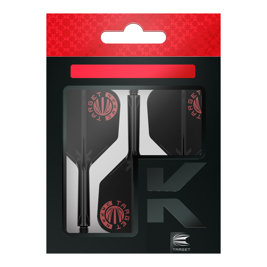 Target Japan K-Flex Original Logo Rouge Noir No6 Système d'arbre de vol Das Bild zeigt die Verpackung des Produkts "Target Japan K-Flex Original Logo Red Black No6 Flight-Shaft-System". Die Verpackung ist schwarz mit roten Akzenten und dem Target-Logo sichtbar.