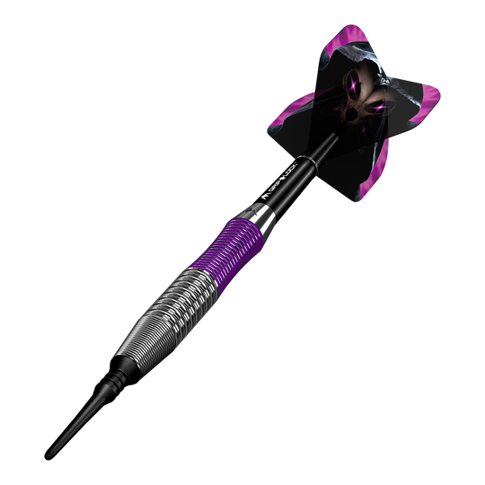 Fléchettes souples en laiton Mission Phantom - 18 g Dies ist ein Mission Phantom Brass Softdart mit einem Gewicht von 18g. Der Dart hat ein auffälliges Design mit lila und schwarzen Akzenten.