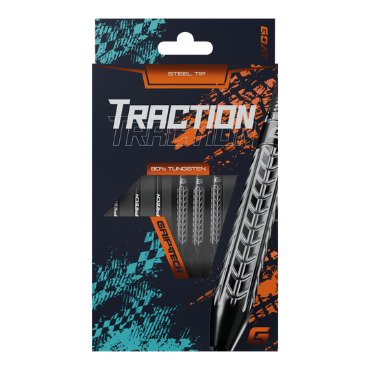 Fléchettes GOAT Traction en acier tungstène Die Abbildung zeigt die Verpackung der "GOAT Traction Tungsten Steeldarts" mit Stahlspitzen. Auf der Vorderseite ist das auffällige Design und der Hinweis auf 80% Tungsten sowie GRIPTECH deutlich sichtbar.