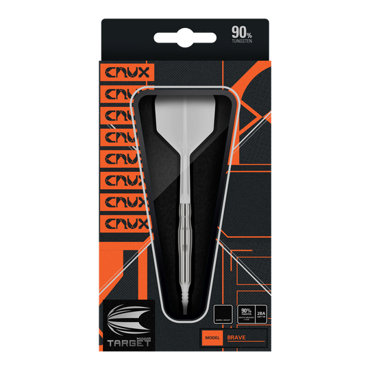 Fléchettes souples Target Japan Crux Brave - 18,5 g Das Bild zeigt die Verpackung des Produkts "Target Japan Crux Brave Softdarts - 18,5g". Der Dartpfeil ist gut sichtbar in einer schwarzen und orangefarbenen Box präsentiert.