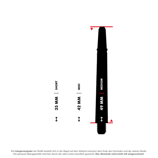 _Harrows_Carbon_360_Shafts_5_49mmFvx7rLcTxSAwY Das Bild zeigt drei verschiedene Längen von Dartshafts: Short (35 mm), Midi (42 mm) und Medium (49 mm). Die Längenangabe bezieht sich auf den Abstand zwischen dem Ende des Gewindes und der oberen Kante, was durch rote Linien markiert ist.