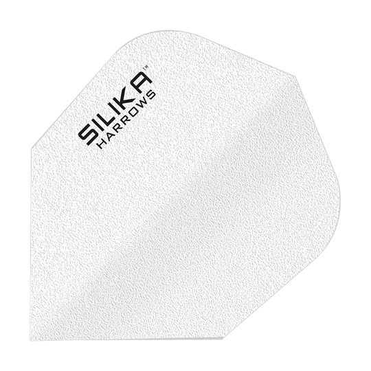 Harrows Silice Solide Résistant Revêtement Cristallin Blanc No6 Vols Das Bild zeigt ein weißes Dart-Flight mit der Aufschrift "SILIKA HARROWS". Es hat eine strukturierte Oberfläche und gehört zur Produktreihe "Silika Solid Tough Crystalline Coating White No6 Flights".