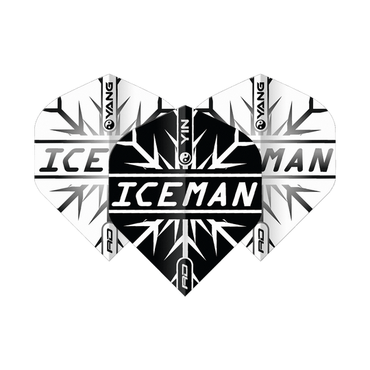 Vols Standard Dragon Rouge Gerwyn Price Iceman Noir Blanc Yin Yang Das Bild zeigt Dart-Flights in einem Yin-Yang-Design in Schwarz und Weiß mit dem Schriftzug "ICEMAN" in der Mitte. Das Muster erinnert an Eiskristalle und trägt das Markenlogo "Red Dragon".