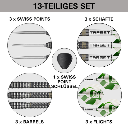 Fléchettes en acier Target Charlie Manby Swiss Points Das Bild zeigt die Target Charlie Manby Swiss Points Steeldarts. Sie eignen sich für professionelle Dartspieler.
