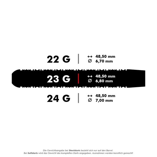 190209_Target_Rob_Cross_Black_Edition_2023_Swiss_Point_Steeldarts_5_23g Das Bild zeigt Informationen über einen Dart-Barrel mit einem Gewicht von 23 Gramm. Die Länge beträgt 48,50 mm und der Durchmesser 6,80 mm.