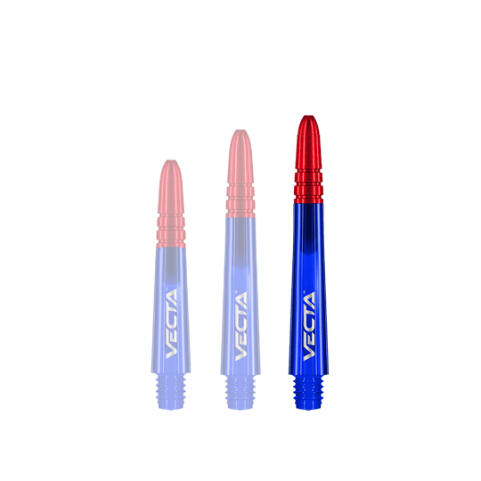 Tiges Winmau Vecta - Bleu Rouge Das Bild zeigt drei Dartschäfte in den Farben Blau und Rot. Auf jedem Schaft steht der Schriftzug „VECTA“.