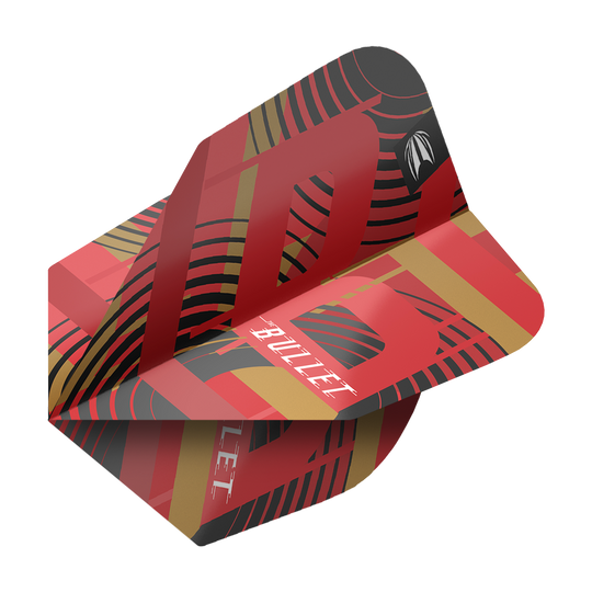 Ailettes Target Pro Ultra Stephen Bunting GEN5 No6 - 3 jeux Das Bild zeigt ein Dartflight aus der Serie "Target Pro Ultra Stephen Bunting GEN5 No6". Das Flight ist rot mit schwarzen und goldenen Akzenten und trägt die Aufschrift "BULLET".