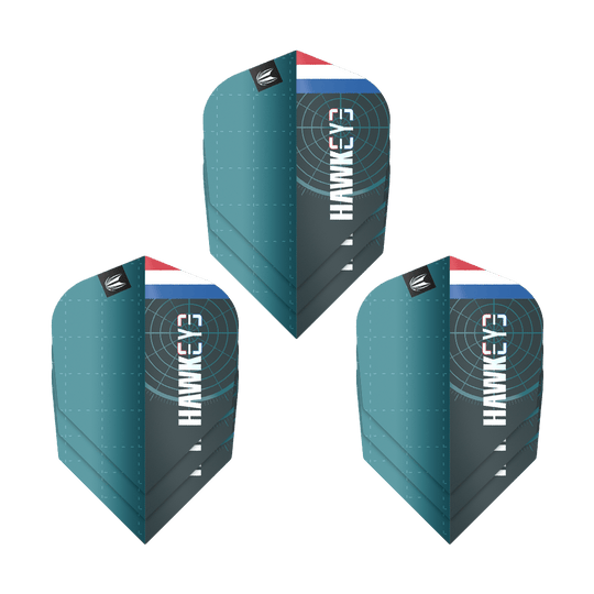 Ailettes Target Pro Ultra Kevin Doets GEN1 n°6 - 3 jeux Das Bild zeigt drei Sätze der Target Pro Ultra Kevin Doets GEN1 No6 Flights. Die Flights sind blau-grün und haben das Wort "Hawkeye" sowie ein Target-Design und eine kleine Flagge.