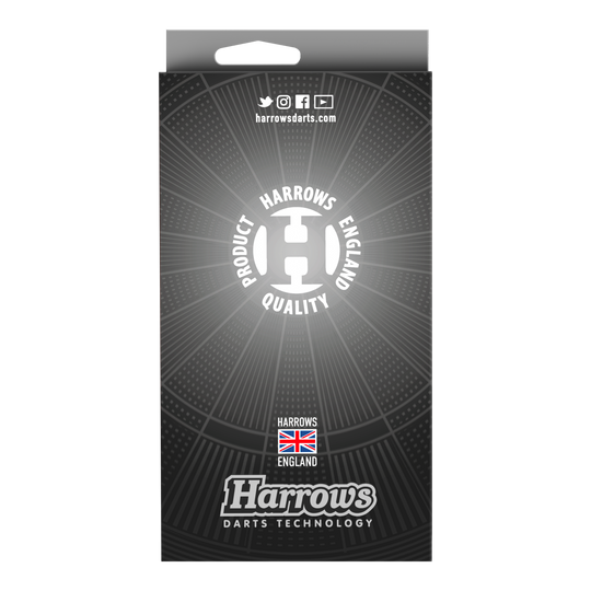 Fléchettes de siège Harrows Softdarts Die Verpackung zeigt das Produkt "Harrows Siege Softdarts". Auf der Vorderseite sind das Harrows-Logo und ein Qualitätssiegel aus England abgebildet.
