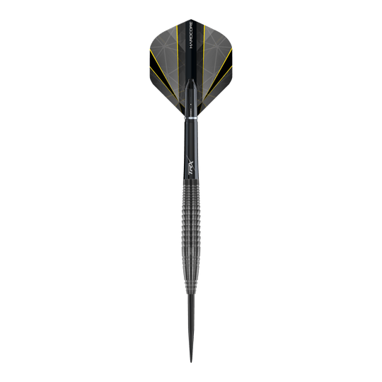 Fléchettes en acier Onyx Seren 4 du Dragon Rouge Dieses Bild zeigt den "Red Dragon Seren 4 Onyx Steeldart". Der Dartpfeil ist schwarz mit gelben Akzenten und hat ein modernes, geriffeltes Design.