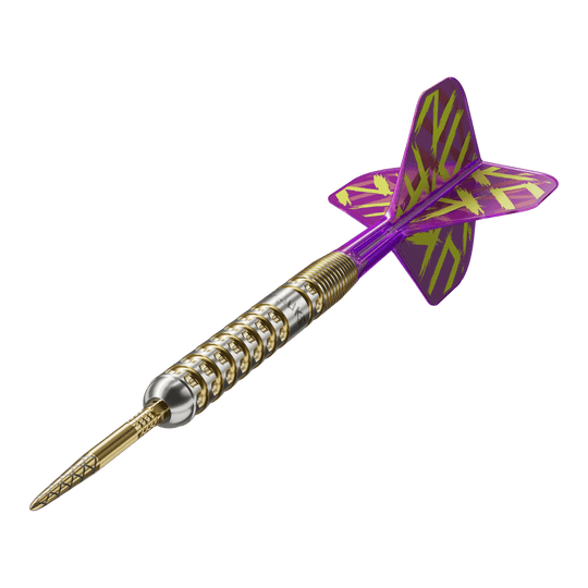 Das Bild zeigt einen Target Luke Littler GEN1 Prodigy Swiss Point Steeldart. Der Dart hat einen gold-silbernen Schaft und lila Flights mit gelbem Muster.