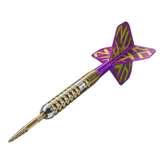 Fléchettes en acier Target Luke Littler GEN1 Prodigy Swiss Point Das Bild zeigt einen Target Luke Littler GEN1 Prodigy Swiss Point Steeldart. Der Dart hat einen gold-silbernen Schaft und lila Flights mit gelbem Muster.