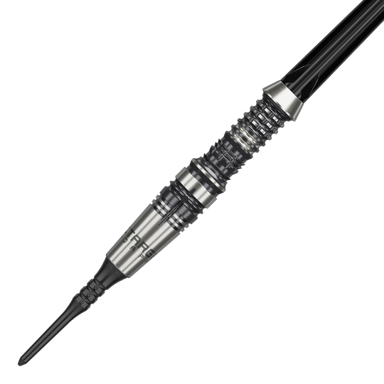 Fléchettes souples Target Japan Black Marque Heracles - 18 g Das Bild zeigt einen Target Japan Black Marque Heracles Softdart mit einem Gewicht von 18g. Der Dartpfeil hat ein silbernes, fein geriffeltes Barrel und eine schwarze Spitze.