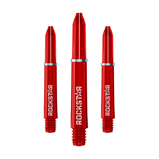 Manche en nylon Winmau Joe Cullen Rockstar Auf dem Bild sind drei rote Nylon-Dartschäfte mit der Aufschrift "ROCKSTAR" zu sehen. Sie haben silberne Ringe und sind nebeneinander angeordnet.