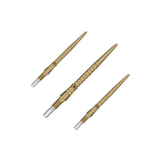 Pointes de fléchettes Target Chrono Swiss Storm Point - Or Das Set enthält mehrere goldene Dartspitzen. Sie sind gleichmäßig aufgefächert.
