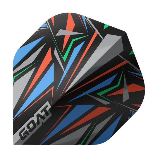 GOAT Athlete Black No2 Vols Standard Das Bild zeigt das Produkt "GOAT Athlete Black No2 Standard Flights". Es hat ein auffälliges, geometrisches Muster in Schwarz mit blauen, roten, grünen und grauen Akzenten.