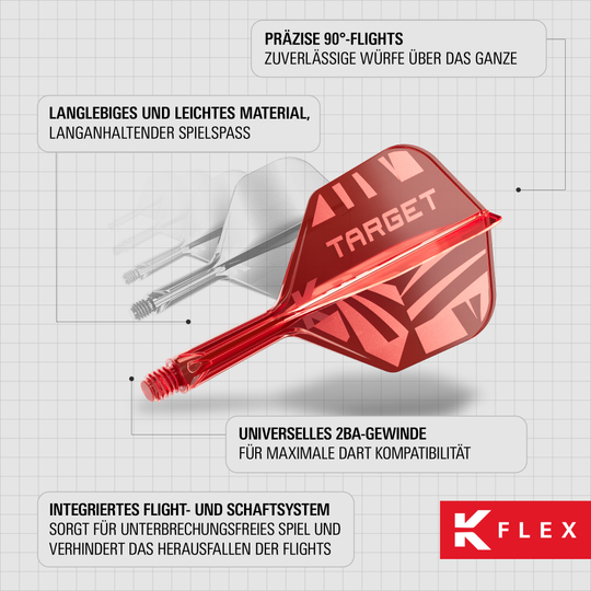 Das Bild zeigt die Target K-Flex Red No6 Flights. Diese roten Dartflights sind für Präzision und Stabilität bekannt.