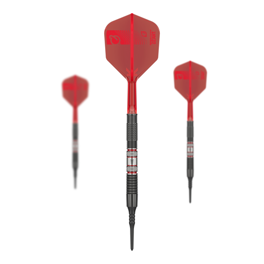 Fléchettes souples Target Gabriel Clemens 95K - 19 g Das Bild zeigt drei Softdarts des Modells "Target Gabriel Clemens 95K Softdarts - 19g". Die Darts haben rote Flights und einen silber-schwarzen Barrel mit markanten Rillen.
