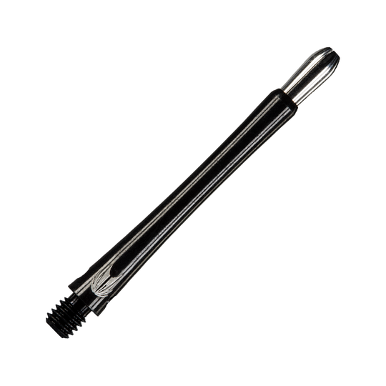Das Bild zeigt einen schwarzen Aluminium-Dartshaft mit Gewinde. Das schlanke Design sorgt für einen sicheren Halt und eine elegante Optik.
